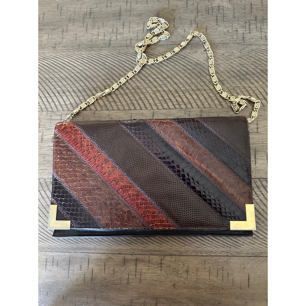 Vintage 1970s Bags by Varon Patchwork Snakeskin Convertible Clutch Gold Hardware